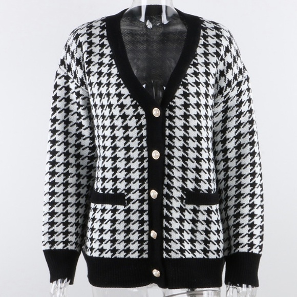 Cardigan 🆕 black white knit 5 buttons sweater v-neck oversized hip length - Picture 4 of 17